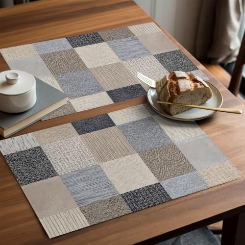Khaki Grey Woven Placemats Set of 8, Modern Minimalist Patchwork Linen