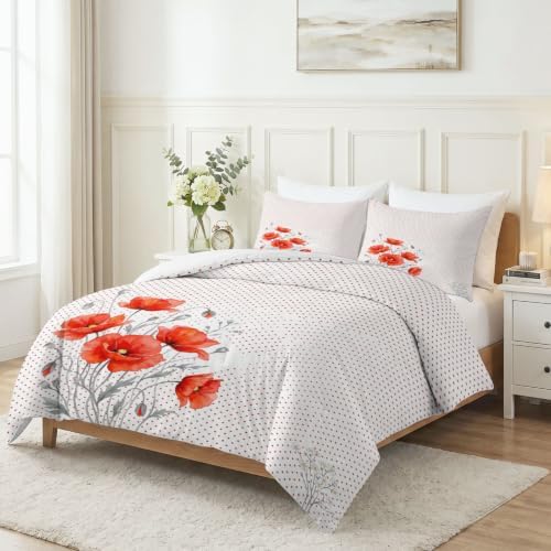 King Duvet Cover Set Soft Microfiber Red Poppies Small White Flowers