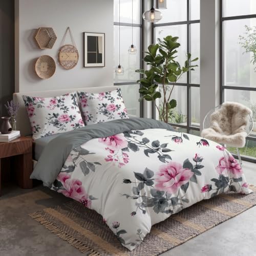 Grey Country Watercolor Roses King Duvet Cover Set Microfiber