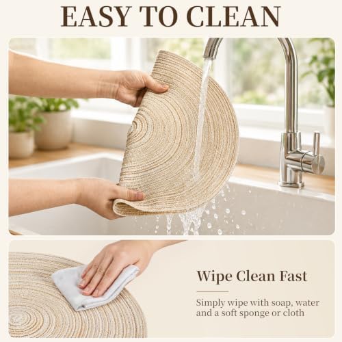 TaroKitc 15 in Round Placemats Set of 8, Washable Woven Placemats Heat