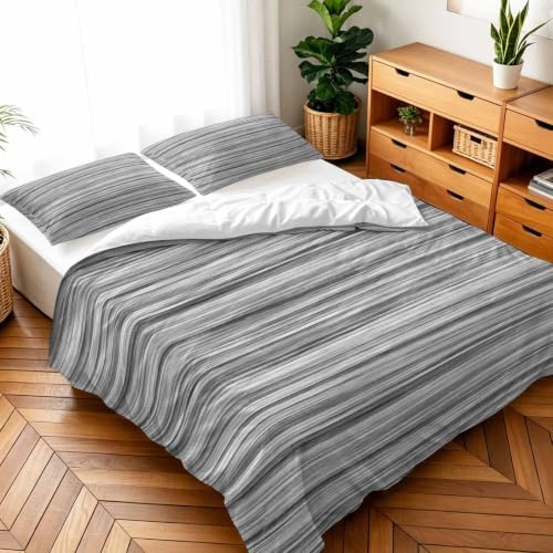 3 Pieces Duvet Cover Queen Bedding Sets Abstract Gray Striped Textured