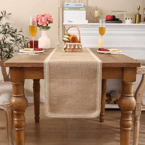 Khaki Table Runner 13 x 120 inch Long with Beige Lacework