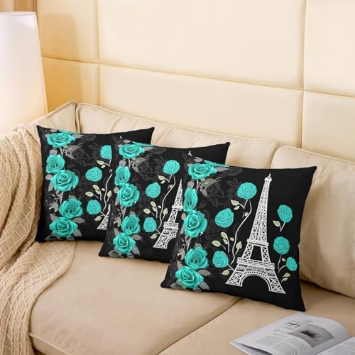 jejeloiu Eiffel Tower Throw Pillow Covers 22"x22" Set of 2 Paris Teal