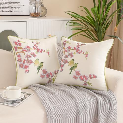 Holibeat Embroidered Flower Birds Throw Pillow Covers Spring