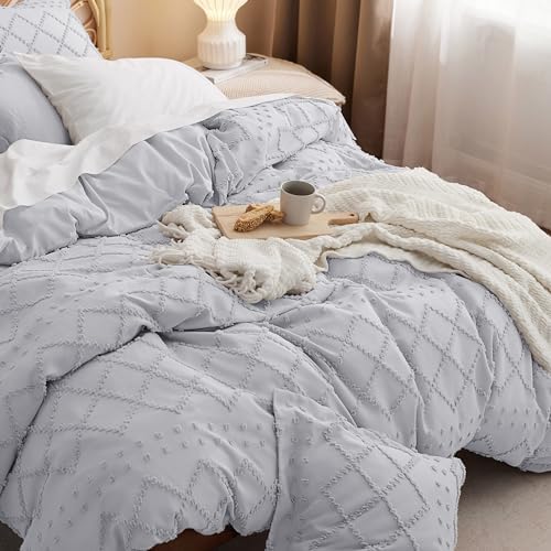 Bedsure Light Grey Boho Duvet Cover Queen, Soft Vintage Embroidery