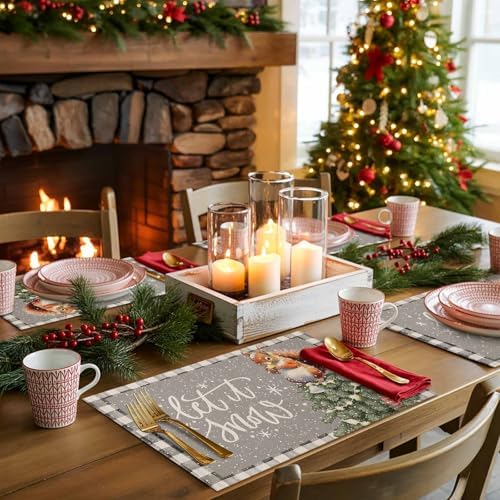 Placemats Set of 8, Christmas Tree Squirrel Winter Snowflake Washable