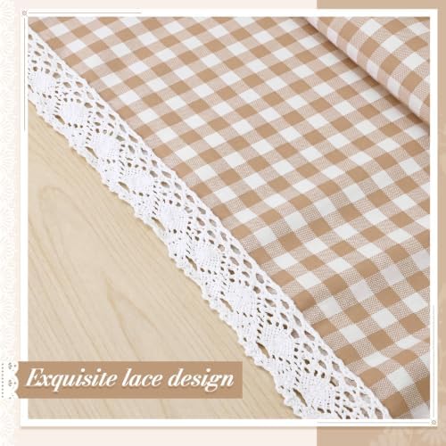 Moukeren 52 x 70 Inch Taupe and White Gingham Tablecloth with Lace