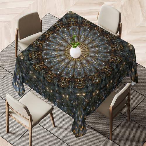 Gold Gray Mandala Pattern Square Tablecloth 52 x 52 Inch