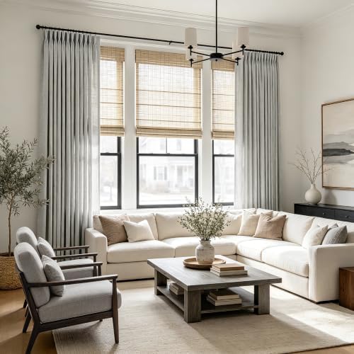 Grey Pinch Pleated Linen Curtains 108 inch Length 2 Panels for Living