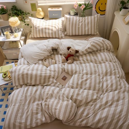 VM VOUGEMARKET Khaki Striped Duvet Cover Set,Twin(68"x86"),Khaki White