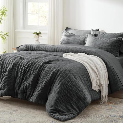 Full Size Comforter Sets 7 Piece, Dark Grey Bed in a Bag Full Bedding