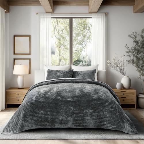 EverGrace Stripe Channel Luxury Velvet Quilt Set King Size, Charcoal