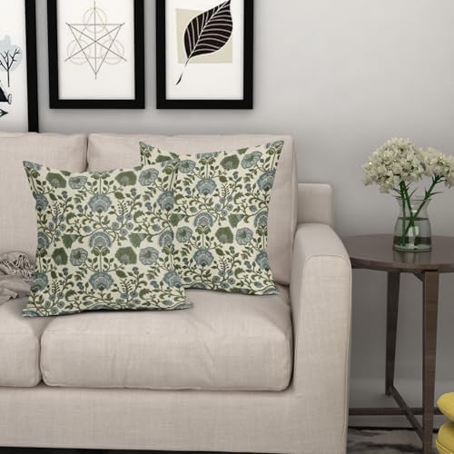 Blue Sage Green Floral Block Print Pillow Covers 22x22 Set of 2