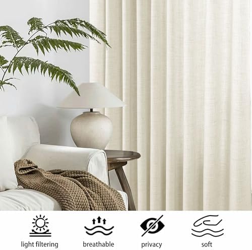 Macochico Light Filtering Linen Curtains 120Wx112L, Beige, 2 Panel Set