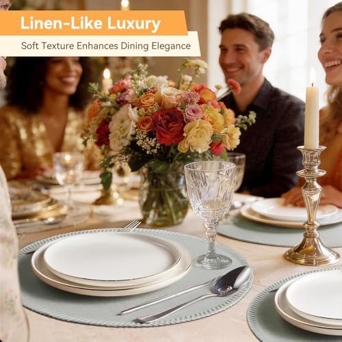 Round Placemats Set of 8 - Machine Washable Linen-Like Cloth Place