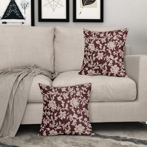Burgundy Red Floral Pillow Covers 18x18 Set of 2 Brown Cream Vintage