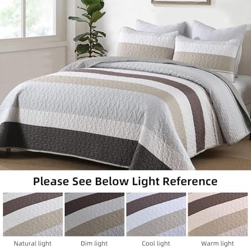 Dinjoy Queen Size Boho Stripe Quilt Set, Grey Brown Lightweight