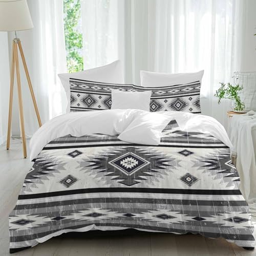 Gray Boho Duvet Cover Set, Southwestern Ethnic Aztec Retro Geometric