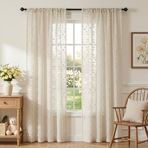 MYSKY HOME Beige Boho Sheer Curtains with Cream Pom Pom 36Wx72L,2