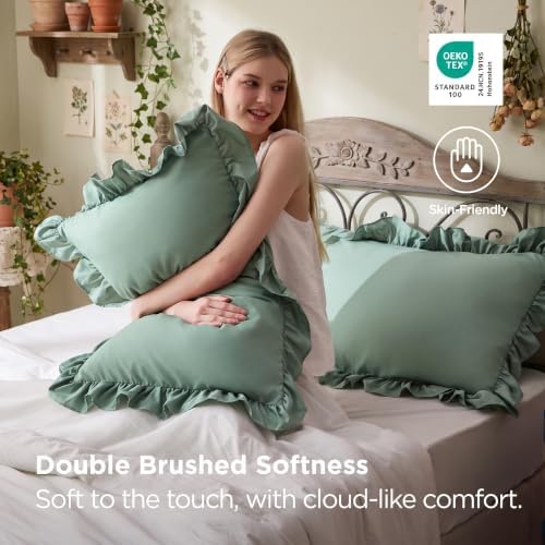 Bedsure Ruffle Pillow Cases Queen Size Set of 2, Green Pillow Shams