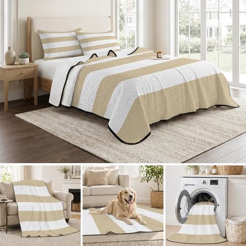 Teamery Queen Quilt Bedding Set Beige White Stripes Breathable Summer