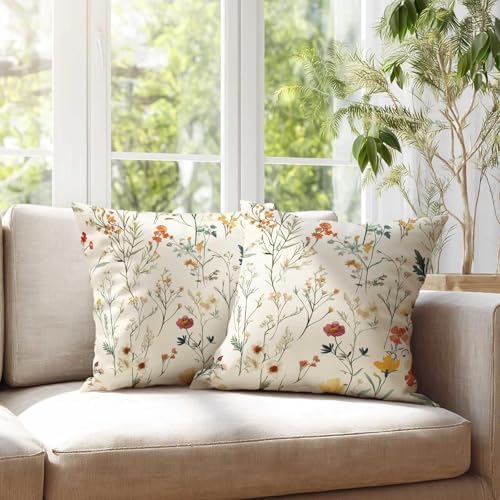 Cream Ivory Wildflower Meadow Throw Pillow Covers 18x18 Set of 2