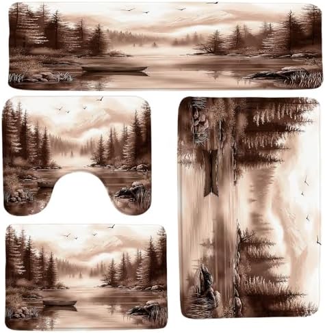 4PC Brown Misty Forest Mountain Bath Mat Sets Watercolor Pine Tree
