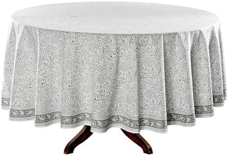 Ridhi Hand Block Print Round Tablecloth Taupe Jal 90 Inch 100% Cotton
