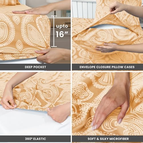 Hannah Linen Paisley Queen Sheet Set, 4 PC Soft Microfiber Wrinkle