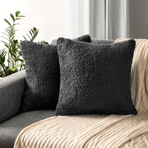 PAVILIA Soft Fluffy Sherpa Throw Pillow Covers Case, Black, 18x18 Set
