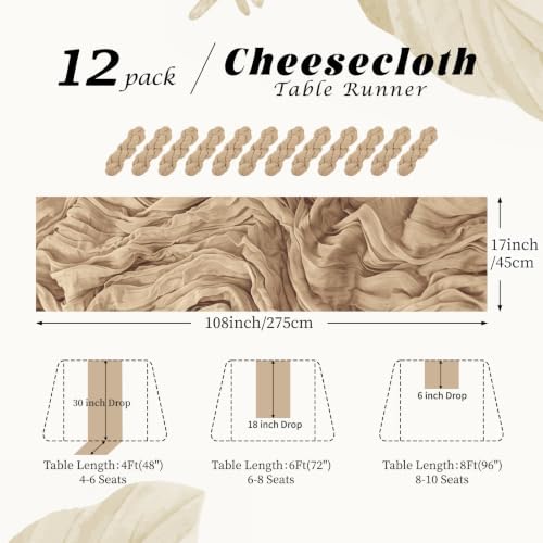 12 Pack Beige Cheesecloth Table Runner, 17x108 Inch 9FT Semi Sheer