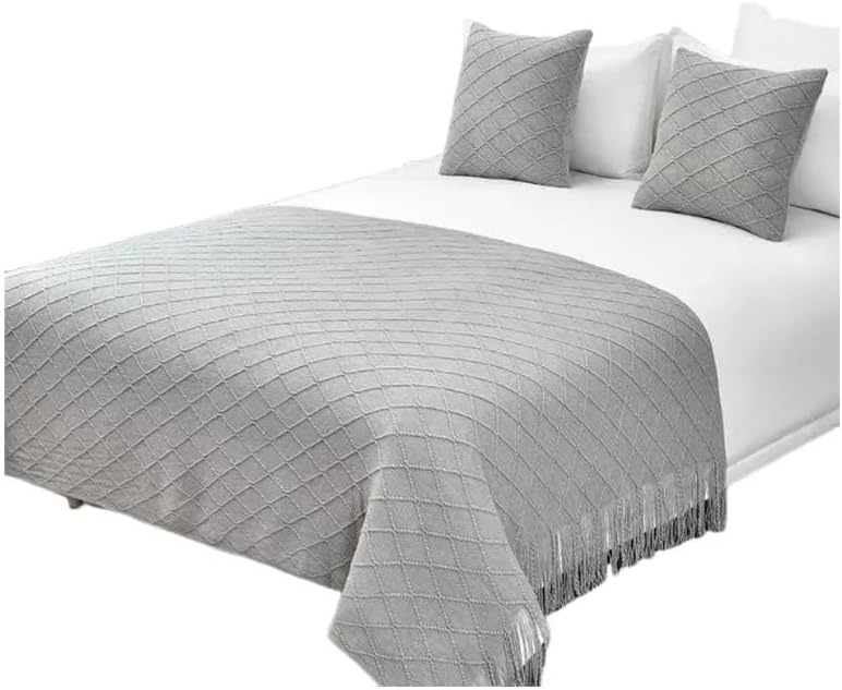 50×70in Cotton Throw Blanket Diamond Knit Fringe All Season,Light Gray