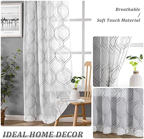 VISIONTEX White Sheer Curtains Grey Moroccan Embroidered 63 Inch