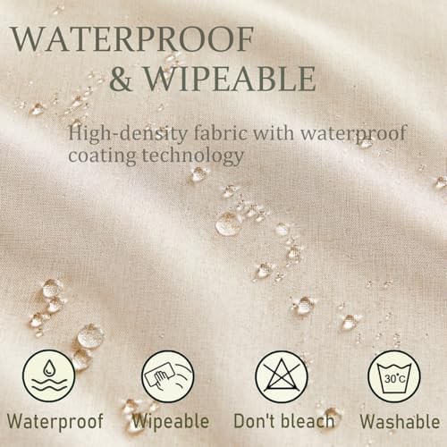 Beige Round Linen Tablecloth with Lattice Cutwork, 47 inch Round