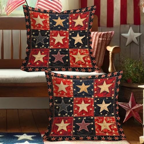 Star Patterned Pillow Covers Set of 2, Red and Navy Decorative Cushion