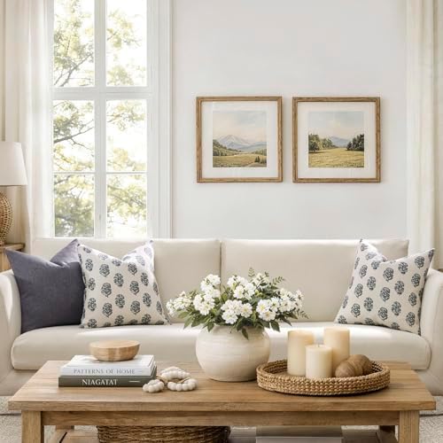 Meekio Floral Block Print Pillow Covers 18x18 Set of 2, Gray and White