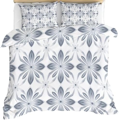 Grey Floral Duvet Cover King Size, Vintage Flower Comforter Cover 104"