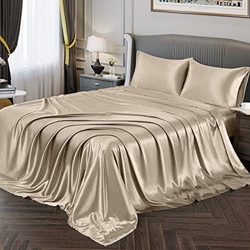 Vonty Satin Queen Taupe Sheets, Fitted + Flat + 2 Pillowcases