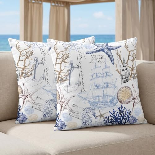 Vintage Ocean Pillow Covers 20x20 inch Set of 2 Coral Starfish Shell