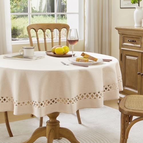 Beige Round Linen Tablecloth with Lattice Cutwork, 47 inch Round