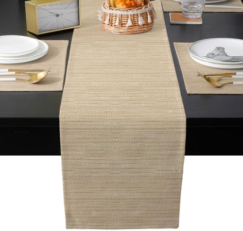 Table Runner and Placemats Set of 6 Beige Linen Weave Texture Table