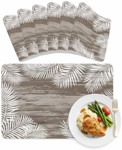 Minimalist White Palm Leaves Leather Placemats Set of 6, 12x18 Inch