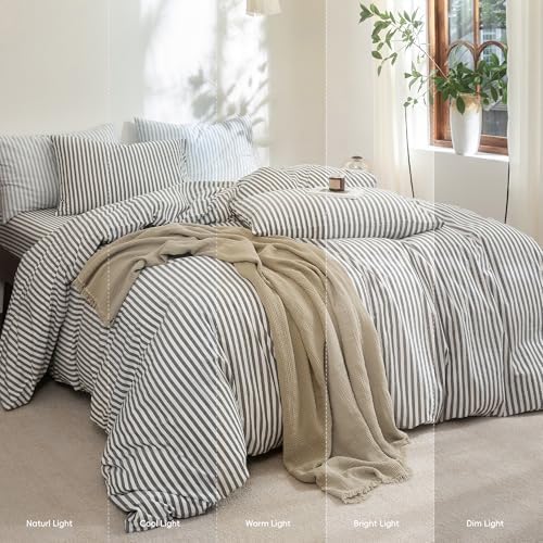 FOSSA Striped Duvet Cover Set 100% Washed Cotton Linen Feel King