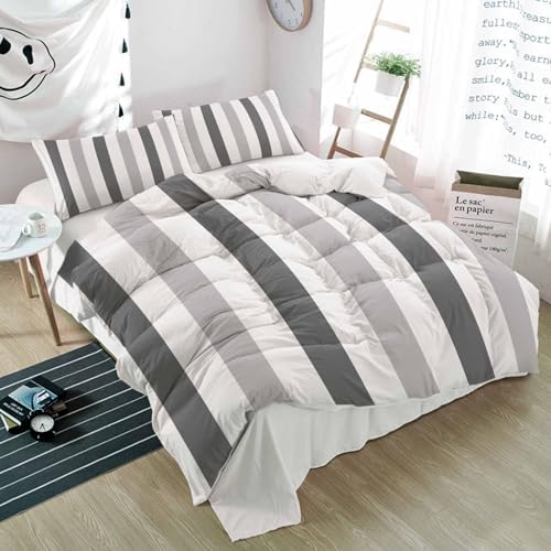 Duvet Cover Set Queen, Minimalist Art Grey Stripes 3 Piece Bedding Set