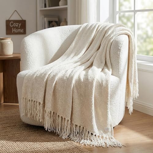 BIRDROCK HOME Internet’s Best Chenille Throw Blankets - Ivory - Ultra