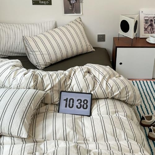Striped Duvet Cover King Size Beige Grey Green Stripes Bedding Set
