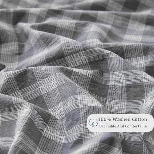 DuShow Washed Cotton Gingham Duvet Cover Queen Gray Plaid Checkered