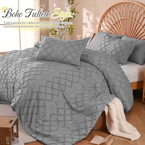 Manyshofu Grey Tufted Duvet Cover Set, 5 Piece Boho Full Bedding