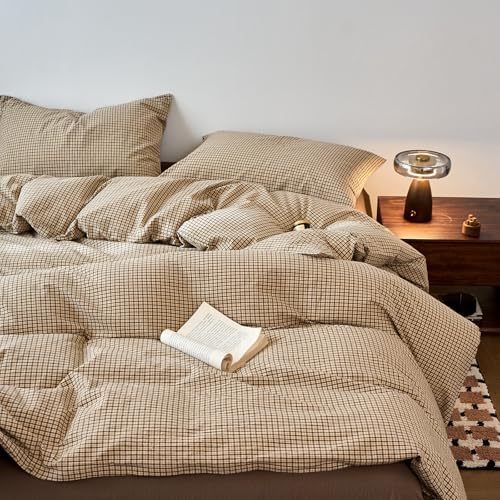 HighBuy Soft Tan & Beige Gingham Duvet Cover Twin Washed Cotton