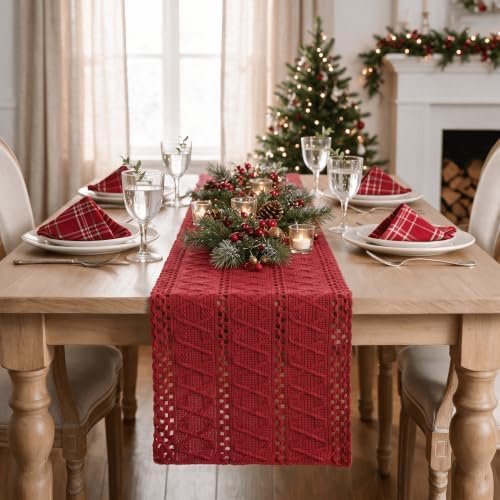 Artoid Mode Rose Red Woven Farmhouse Hollow Table Runner 12x120 Inch